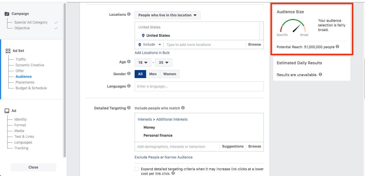 Facebook ads targeting dashboard